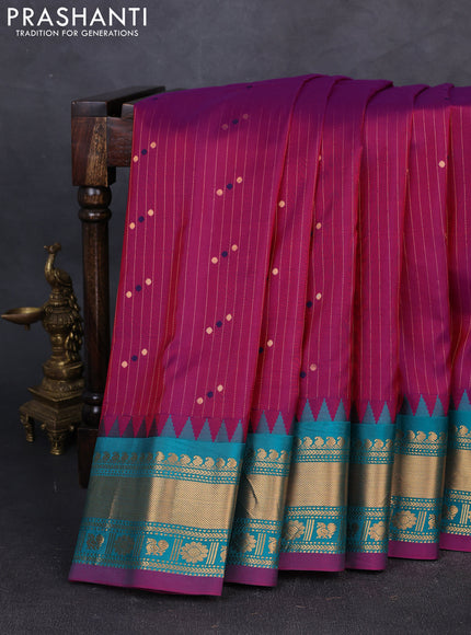 Pure gadwal silk saree purple and teal green with allover zari stripe pattern & buttas and temple design zari woven border