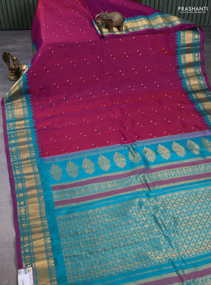 Pure gadwal silk saree purple and teal green with allover zari stripe pattern & buttas and temple design zari woven border