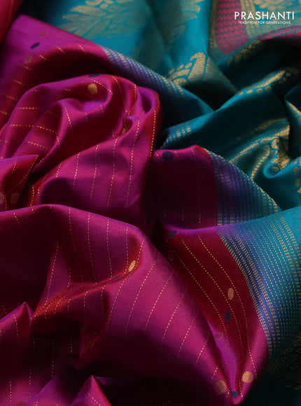 Pure gadwal silk saree purple and teal green with allover zari stripe pattern & buttas and temple design zari woven border