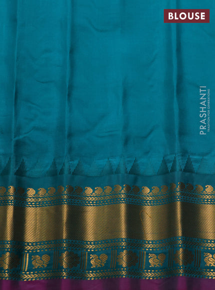 Pure gadwal silk saree purple and teal green with allover zari stripe pattern & buttas and temple design zari woven border