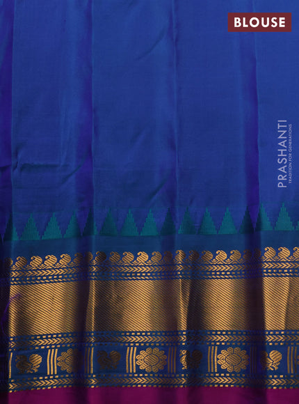 Pure gadwal silk saree deep maroon and dual tone teal greenish blue with allover zari stripe pattern & buttas and temple design zari woven border