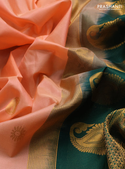 Pure gadwal silk saree peach and bottle green with zari woven buttas and temple design zari woven border