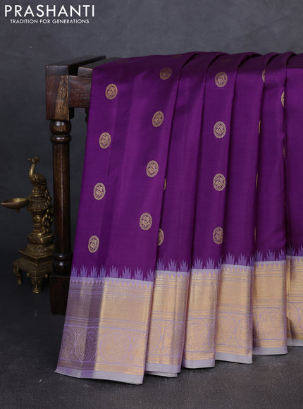 Pure gadwal silk saree purple and pastel grey with zari woven buttas and temple design zari woven border