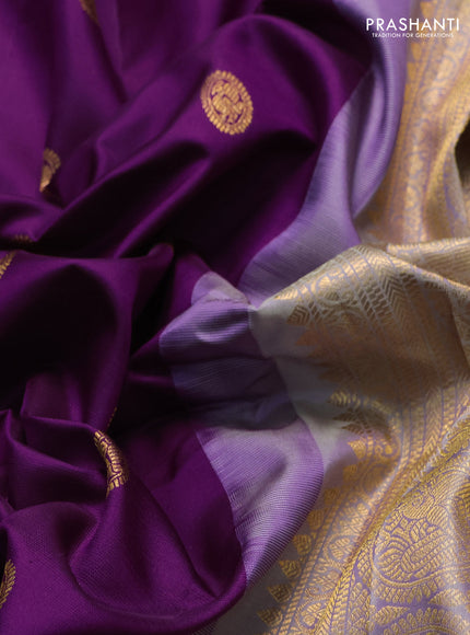 Pure gadwal silk saree purple and pastel grey with zari woven buttas and temple design zari woven border