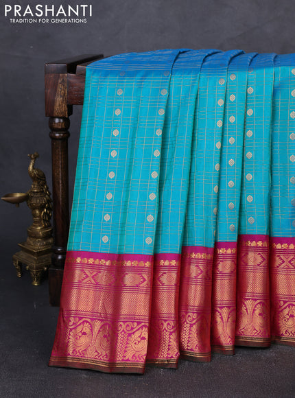Pure gadwal silk saree dual tone teal blue and magenta pink with allover zari checks & buttas and rich zari woven border