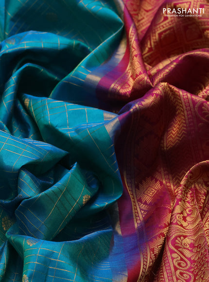 Pure gadwal silk saree dual tone teal blue and magenta pink with allover zari checks & buttas and rich zari woven border