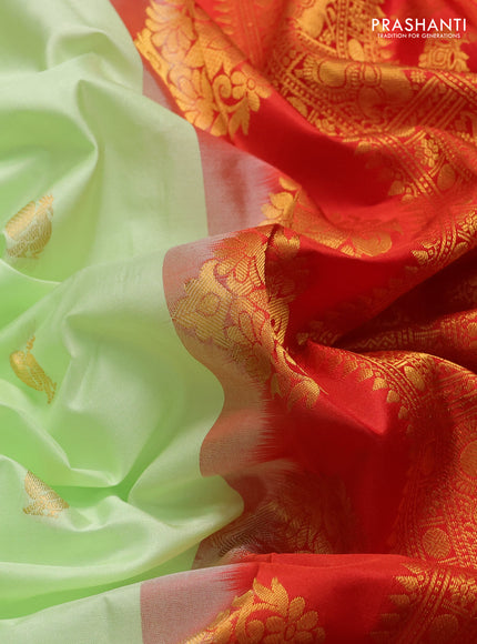 Pure gadwal silk saree pista green and orange with annam & rudhraksha zari woven buttas and temple design zari woven border