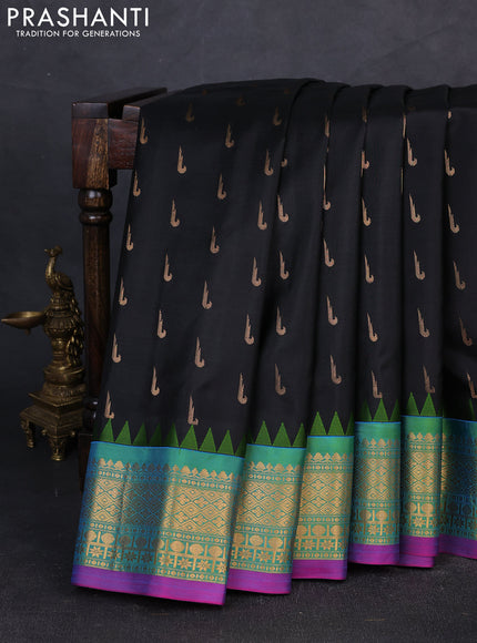 Pure gadwal silk saree black and dual tone green with zari woven muniya buttas and rich zari woven border