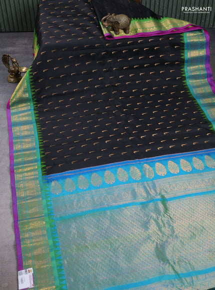 Pure gadwal silk saree black and dual tone green with zari woven muniya buttas and rich zari woven border