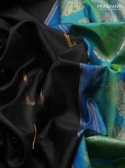 Pure gadwal silk saree black and dual tone green with zari woven muniya buttas and rich zari woven border