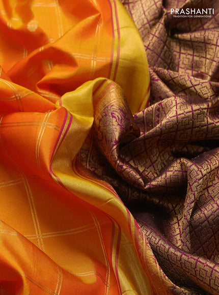 Pure gadwal silk saree mango yellow and purple with allover zari checks & buttas and temple design zari woven border