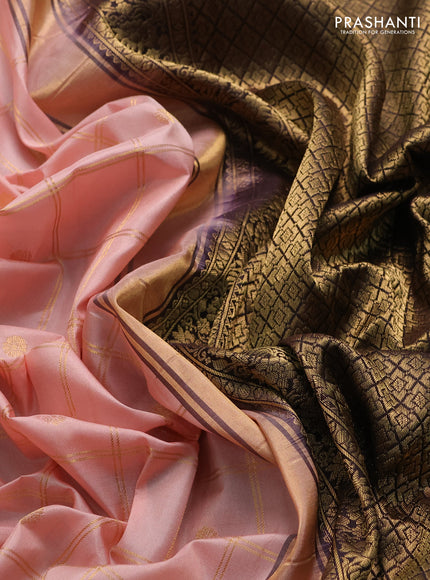 Pure gadwal silk saree mild peach and coffee brown with allover zari checks & buttas and temple design zari woven border