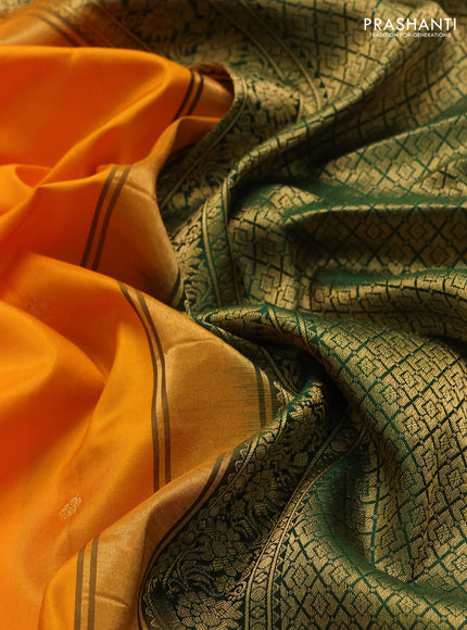 Pure gadwal silk saree mango yellow and bottle green with zari woven buttas and temple design zari woven border