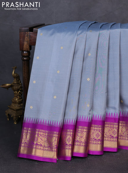 Pure gadwal silk saree grey and purple with zari woven buttas and temple design zari woven border