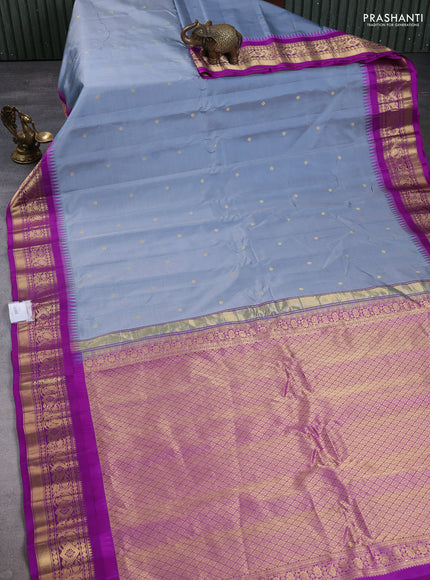 Pure gadwal silk saree grey and purple with zari woven buttas and temple design zari woven border