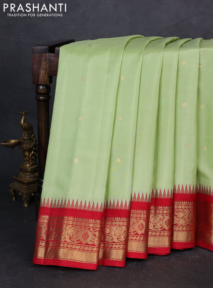 Pure gadwal silk saree pista green and red with zari woven buttas and temple design zari woven border