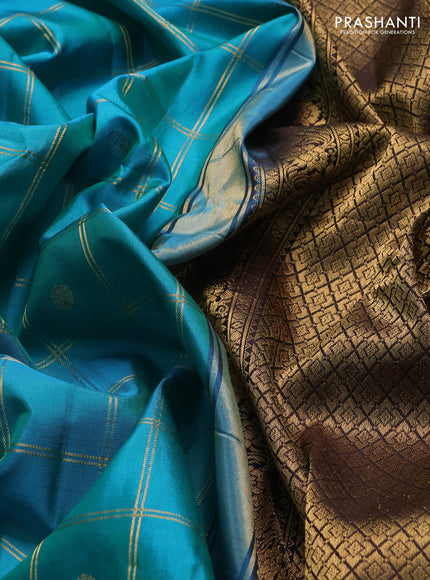 Pure gadwal silk saree teal blue and coffee brown with allover zari checks & buttas and temple design zari woven border