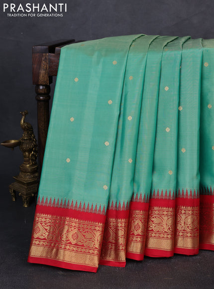 Pure gadwal silk saree teal green and red with zari woven buttas and temple design zari woven border