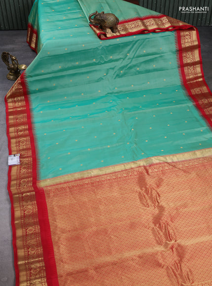 Pure gadwal silk saree teal green and red with zari woven buttas and temple design zari woven border