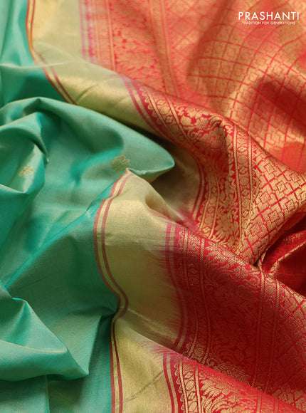 Pure gadwal silk saree teal green and red with zari woven buttas and temple design zari woven border