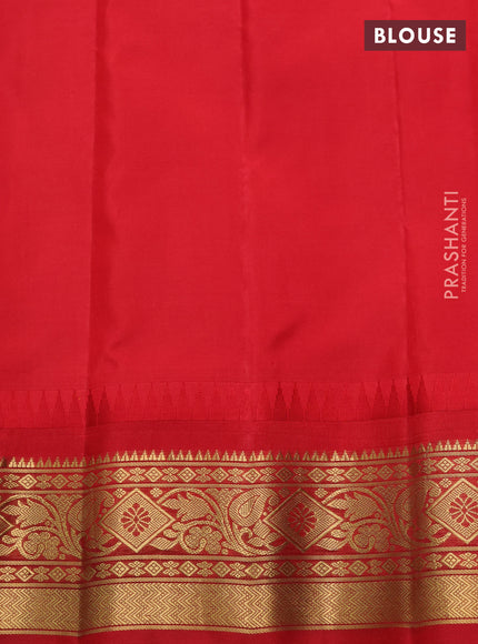 Pure gadwal silk saree teal green and red with zari woven buttas and temple design zari woven border