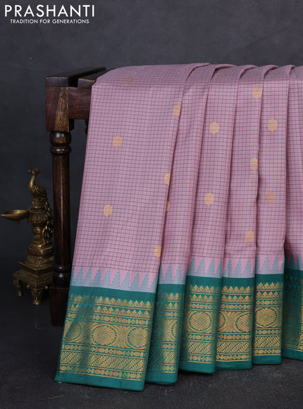Pure gadwal silk saree pastel pink and teal green with allover checks & zari buttas and temple design zari woven border