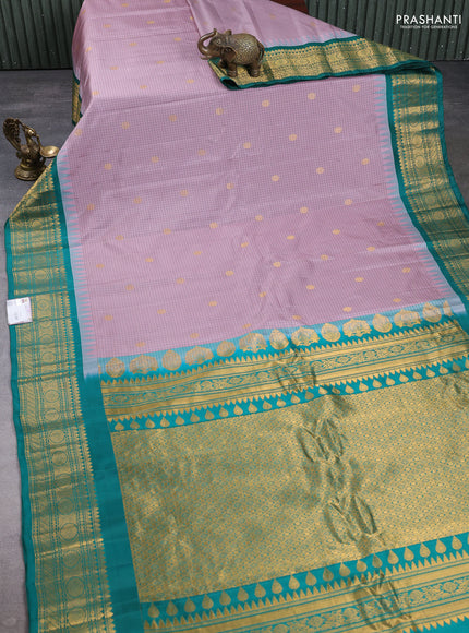 Pure gadwal silk saree pastel pink and teal green with allover checks & zari buttas and temple design zari woven border