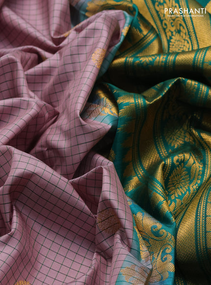 Pure gadwal silk saree pastel pink and teal green with allover checks & zari buttas and temple design zari woven border