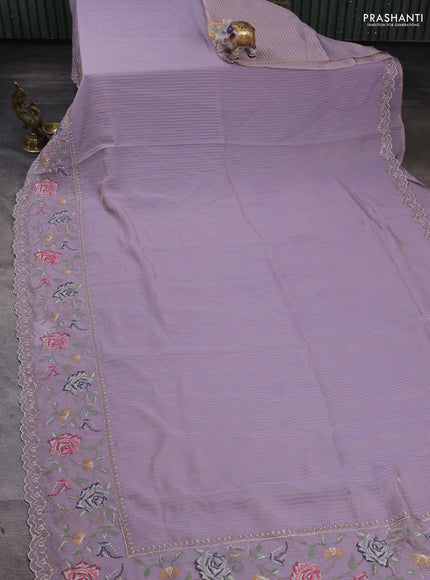 Organza saree pastel lavender with allover zari stripe pattern and floral convent embroidery border