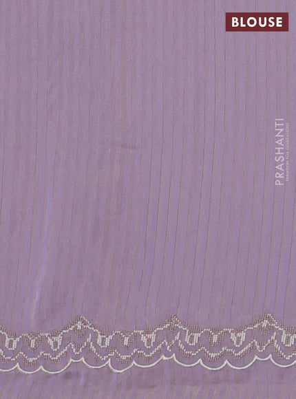 Organza saree pastel lavender with allover zari stripe pattern and floral convent embroidery border