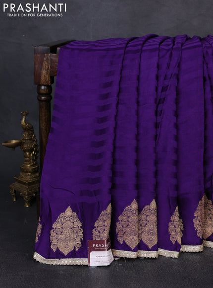 Banarasi silk saree violet with allover stripe pattern & mirror work pallu and mirror embroidery readymade blouse