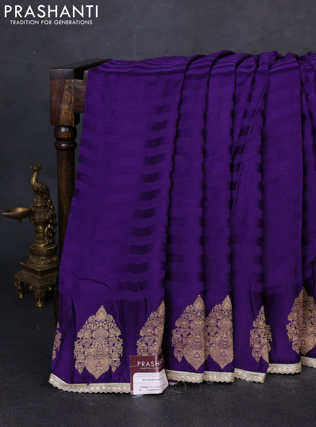 Banarasi silk saree violet with allover stripe pattern & mirror work pallu and mirror embroidery readymade blouse