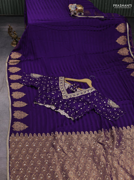 Banarasi silk saree violet with allover stripe pattern & mirror work pallu and mirror embroidery readymade blouse