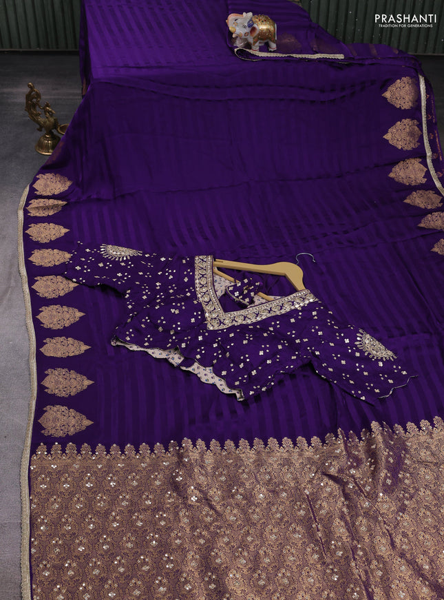 Banarasi silk saree violet with allover stripe pattern & mirror work pallu and mirror embroidery readymade blouse