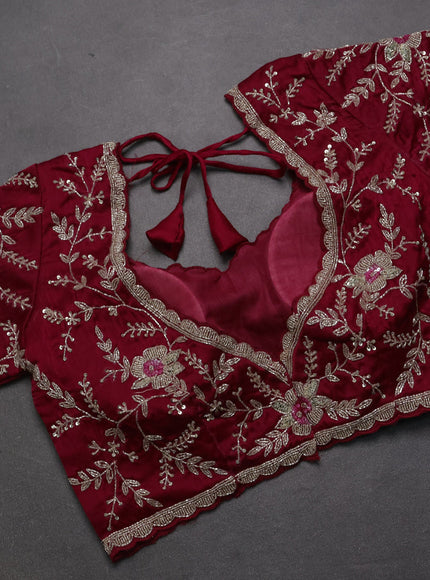 Satin organza saree dark pink with beaded work and sequin work readymade blouse