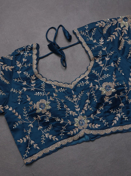 Satin organza saree peacock blue with beaded work and sequin work readymade blouse