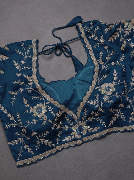 Satin organza saree peacock blue with beaded work and sequin work readymade blouse