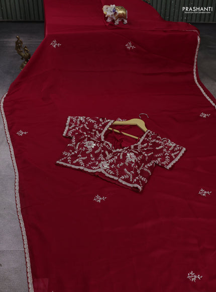 Satin organza saree red with beaded work and sequin work readymade blouse