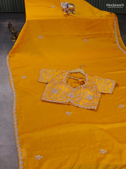 Satin organza saree yellow with beaded work and sequin work readymade blouse