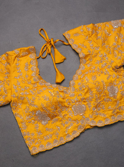 Satin organza saree yellow with beaded work and sequin work readymade blouse
