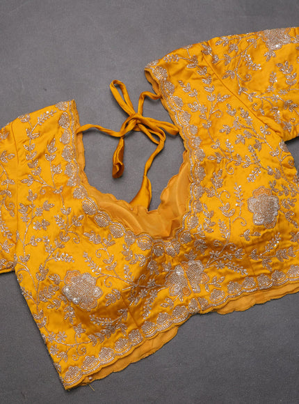 Satin organza saree yellow with beaded work and sequin work readymade blouse