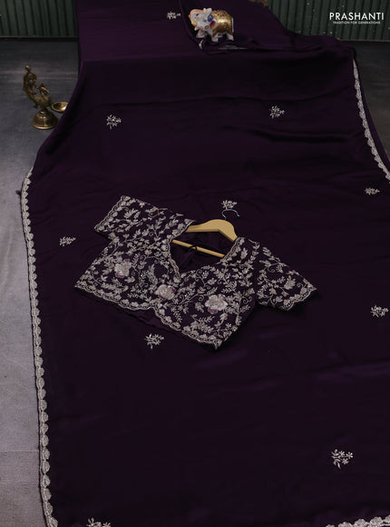 Satin organza saree jamun shade with beaded work and sequin work readymade blouse