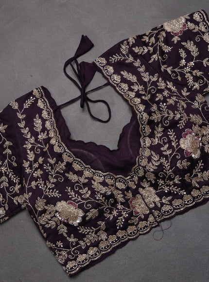 Satin organza saree jamun shade with beaded work and sequin work readymade blouse