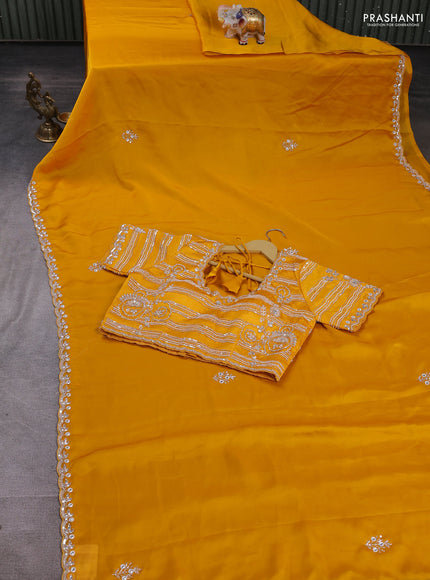 Satin organza saree mango yellow with sequin & beaded work and sequin work readymade blouse