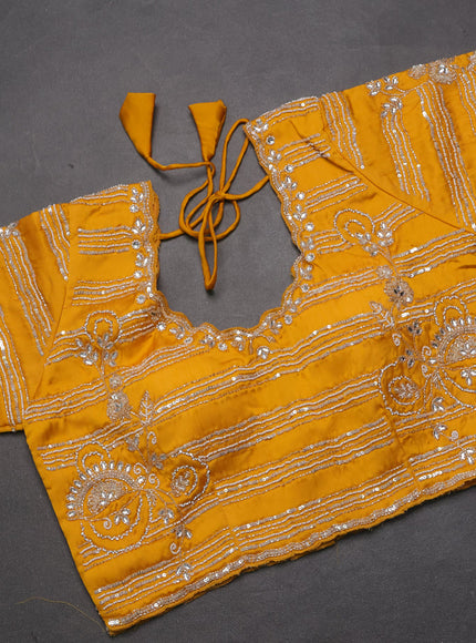 Satin organza saree mango yellow with sequin & beaded work and sequin work readymade blouse