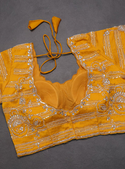 Satin organza saree mango yellow with sequin & beaded work and sequin work readymade blouse