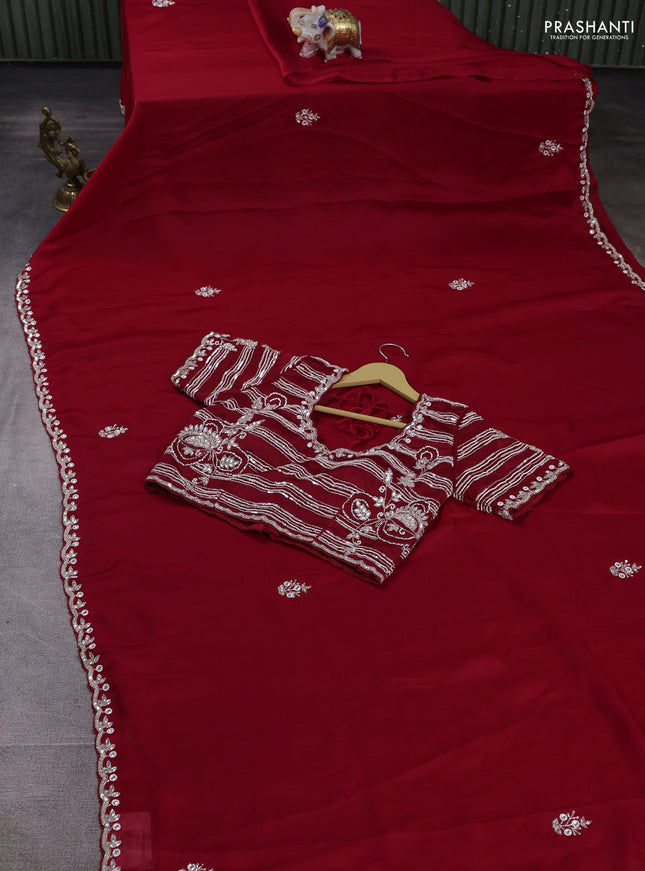 Satin organza saree red with sequin & beaded work and sequin work readymade blouse