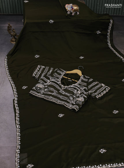 Satin organza saree sap green with sequin & beaded work and sequin work readymade blouse