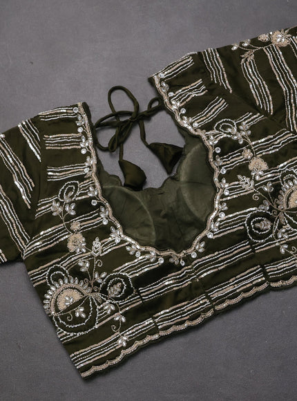 Satin organza saree sap green with sequin & beaded work and sequin work readymade blouse
