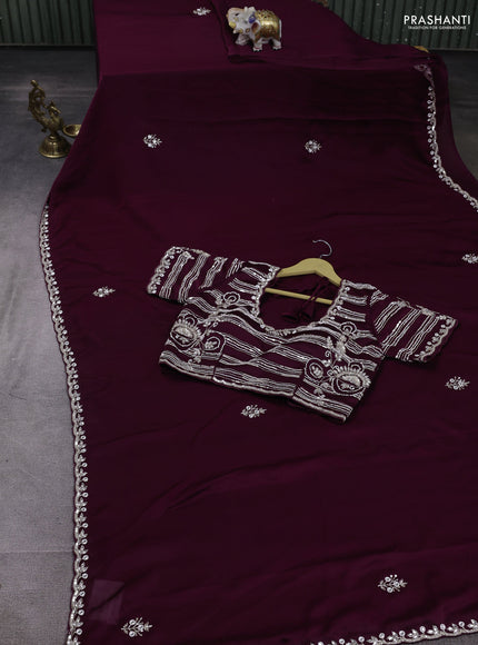 Satin organza saree wine shade with sequin & beaded work and sequin work readymade blouse